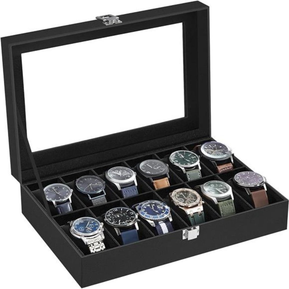Watch Box 12-Slot Watch Case w Large Glass Lid Removable Watch Pillows Organizer